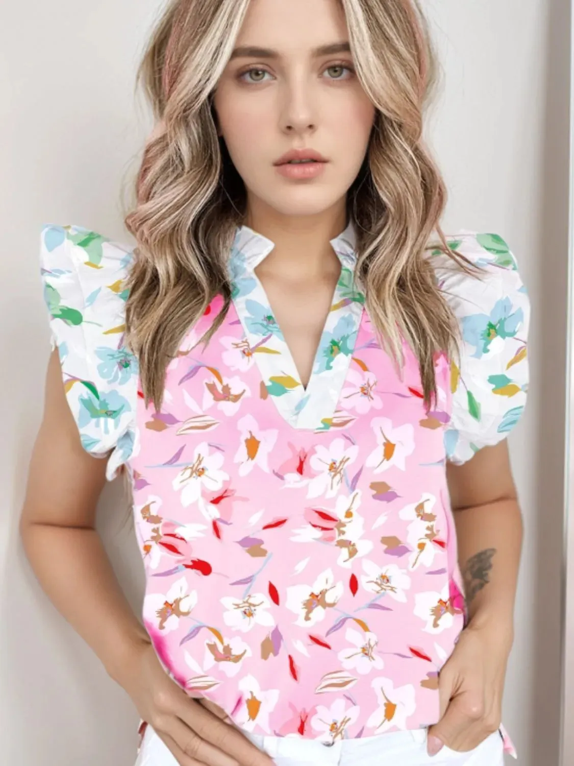 Printed Notched Cap Sleeve Blouse