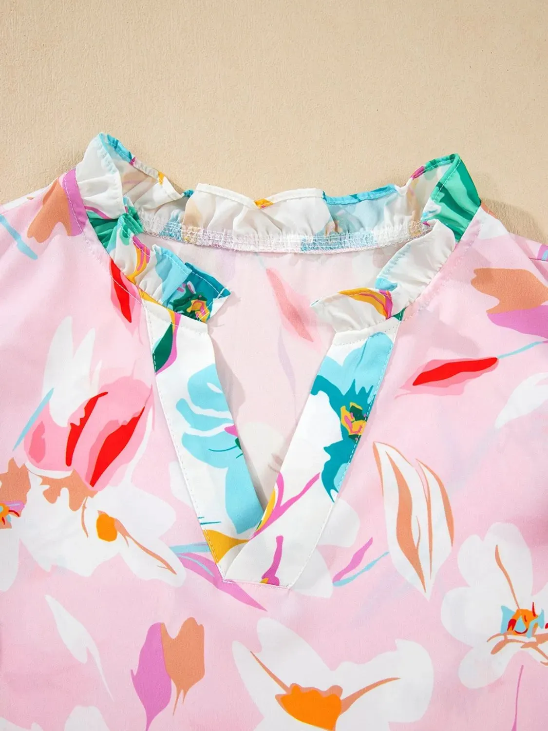 Printed Notched Cap Sleeve Blouse