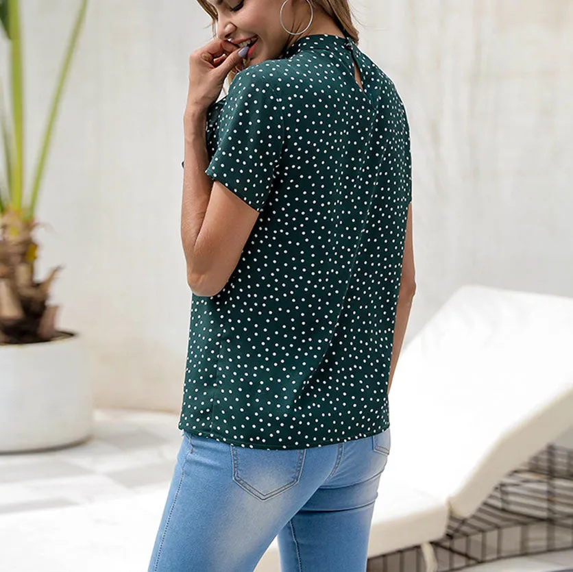 Printed Polka Dot Shirt Back Buckle Elegant Retro Fashion Slim Women's Top