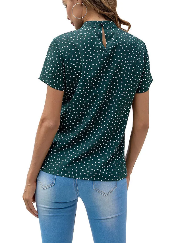Printed Polka Dot Shirt Back Buckle Elegant Retro Fashion Slim Women's Top