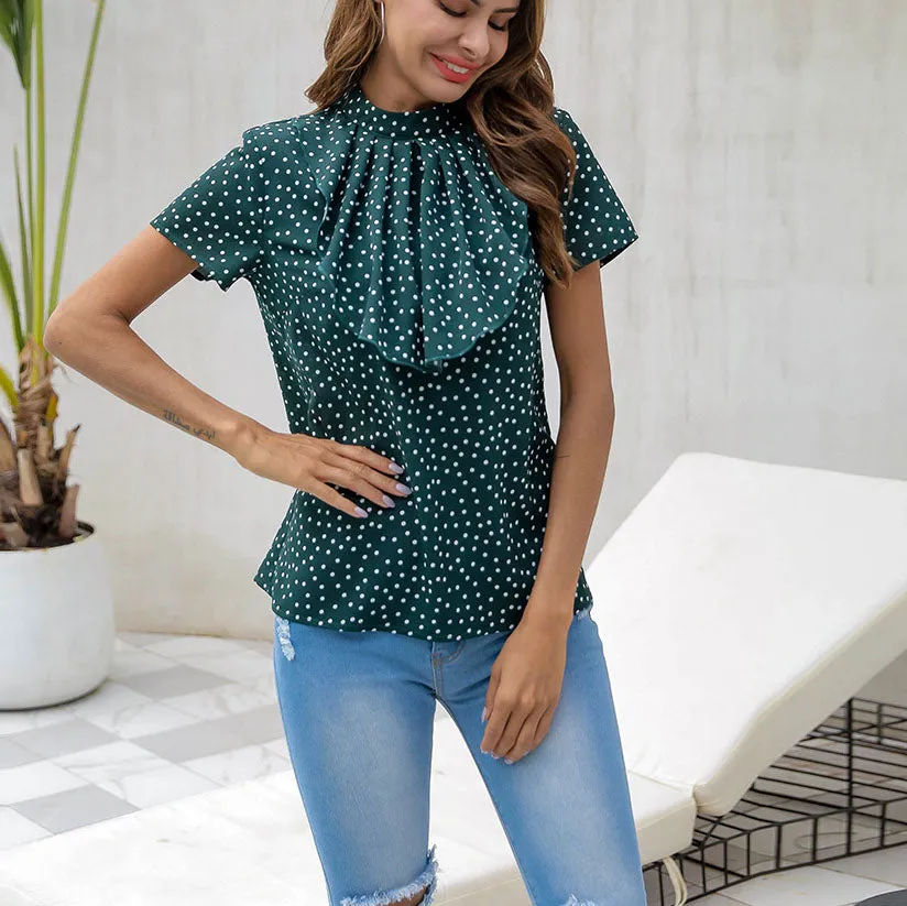 Printed Polka Dot Shirt Back Buckle Elegant Retro Fashion Slim Women's Top