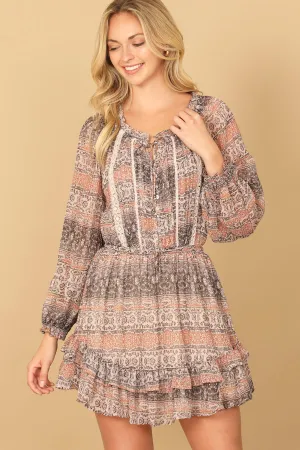 PRINTED PUFF LONG SLEEVE RUFFLE HEM DRESS