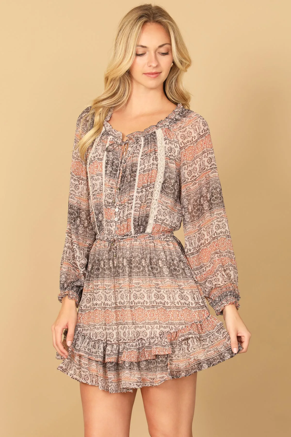 PRINTED PUFF LONG SLEEVE RUFFLE HEM DRESS
