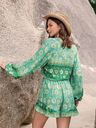 Printed Ruffled Balloon Sleeve Romper