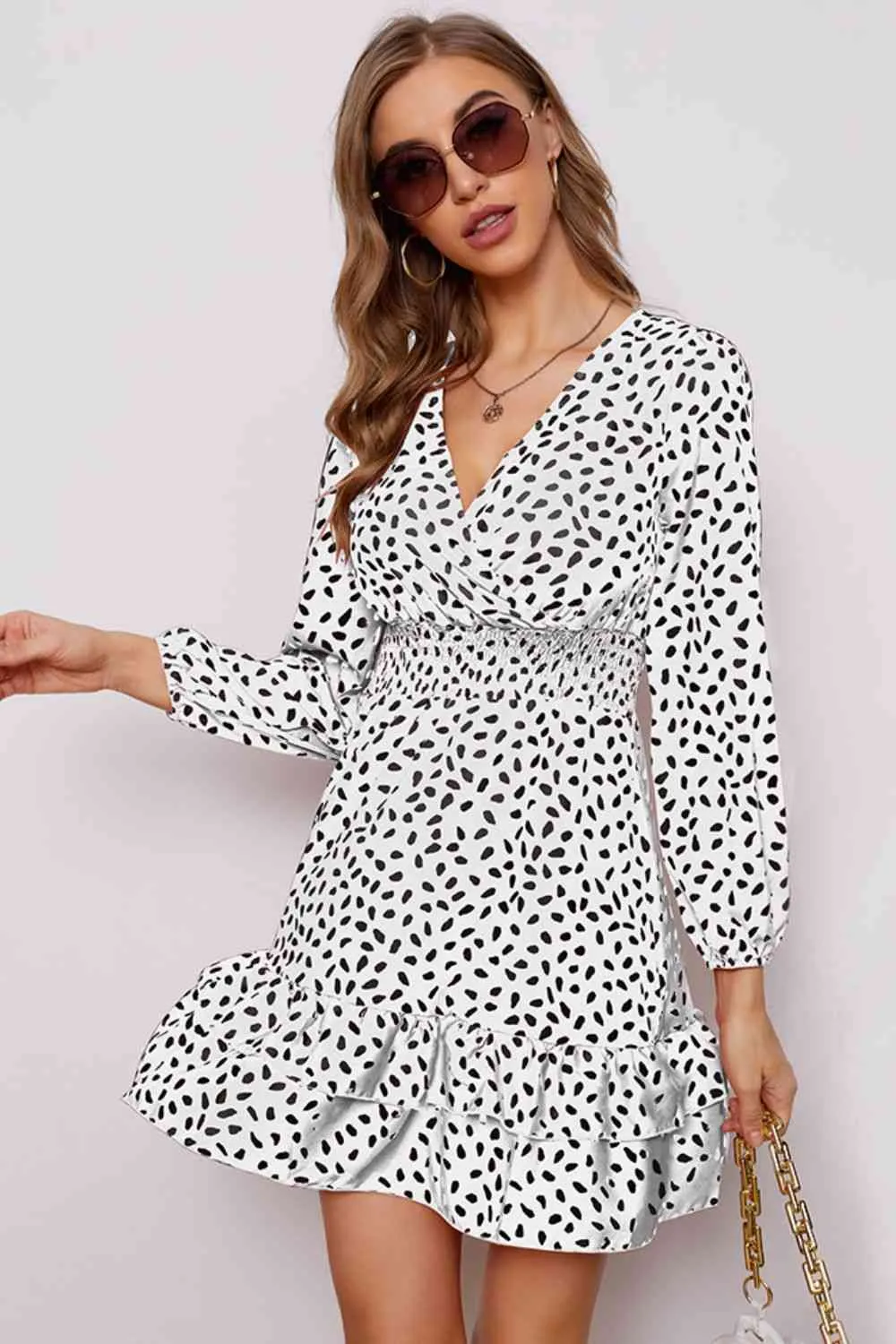 Printed Surplice Neck Puff Sleeve Ruffle Hem Dress (4 Colors)