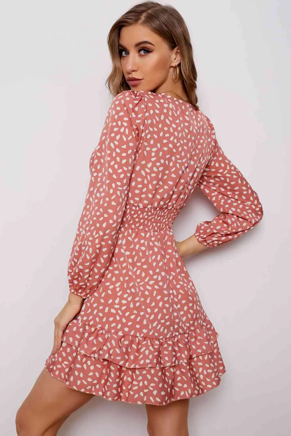 Printed Surplice Neck Puff Sleeve Ruffle Hem Dress (4 Colors)