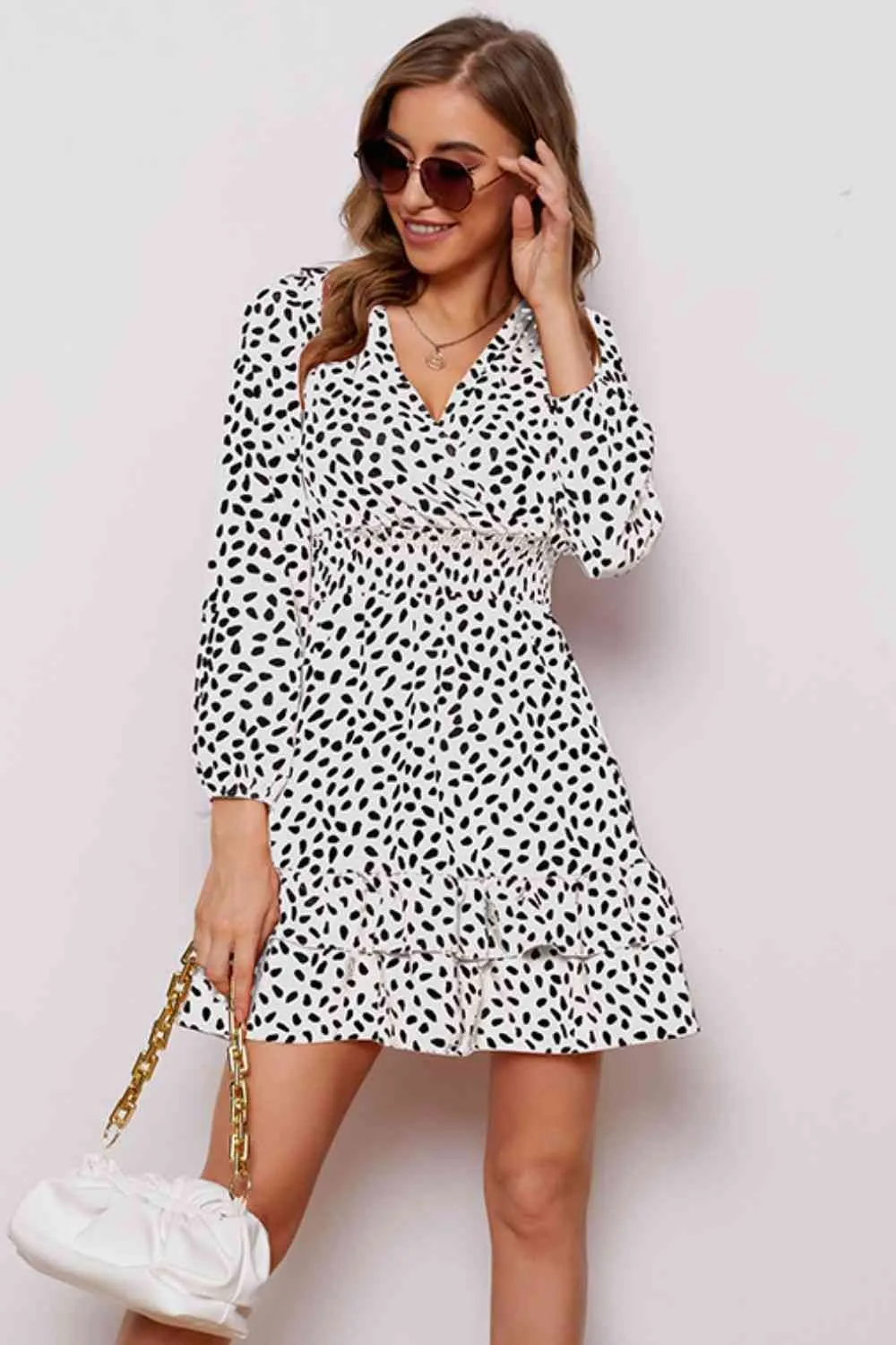Printed Surplice Neck Puff Sleeve Ruffle Hem Dress (4 Colors)