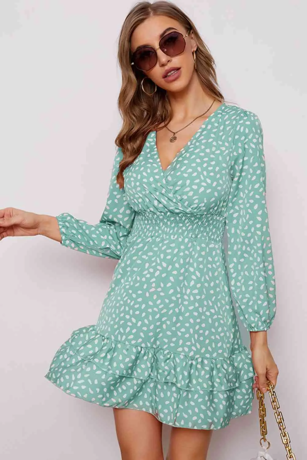 Printed Surplice Neck Puff Sleeve Ruffle Hem Dress (4 Colors)