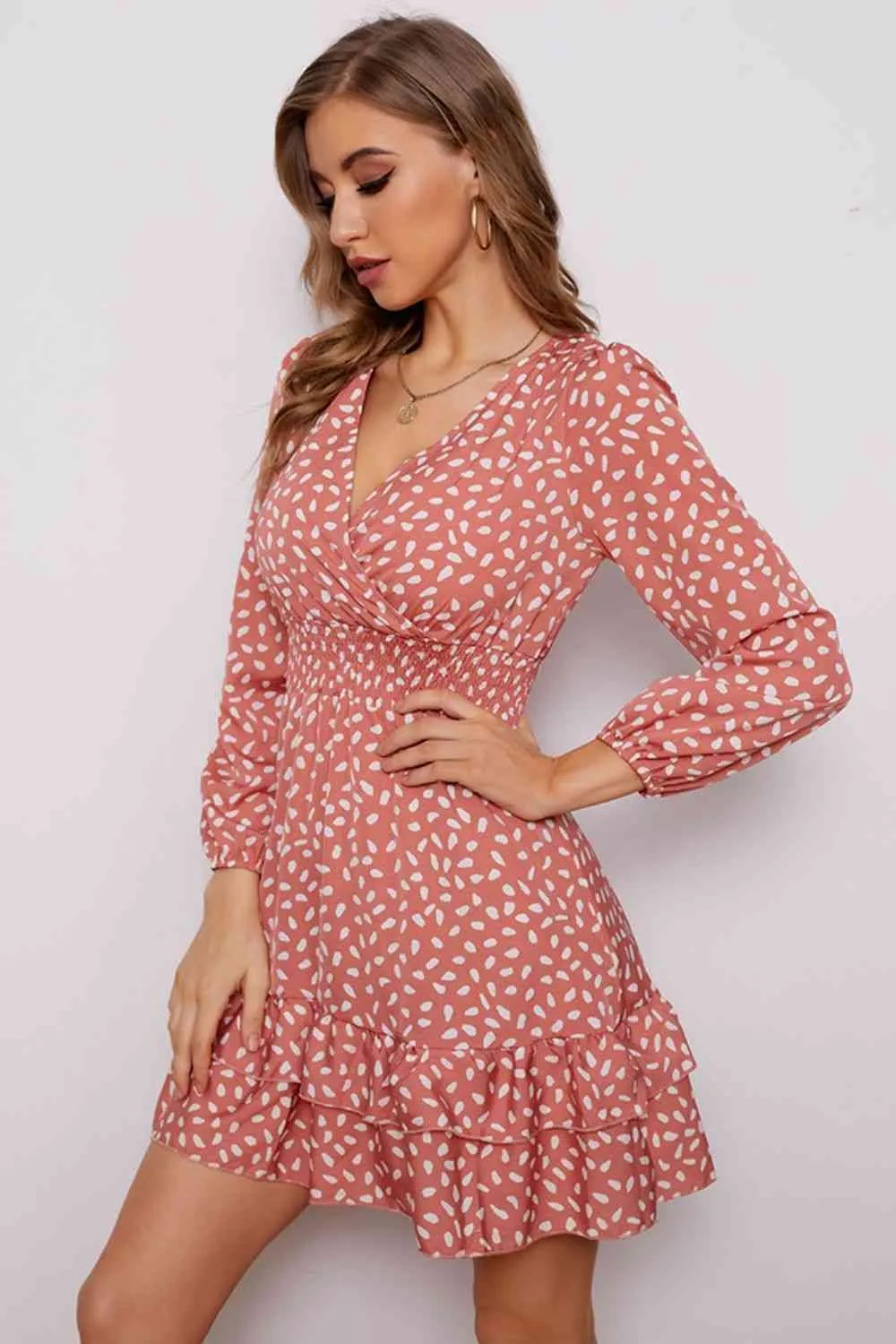 Printed Surplice Neck Puff Sleeve Ruffle Hem Dress (4 Colors)