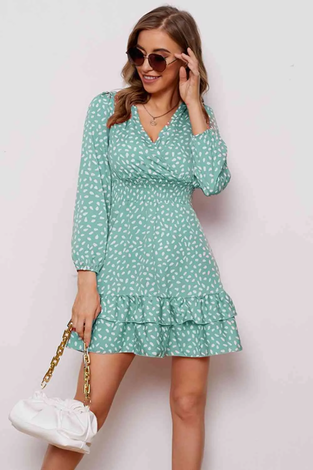 Printed Surplice Neck Puff Sleeve Ruffle Hem Dress (4 Colors)