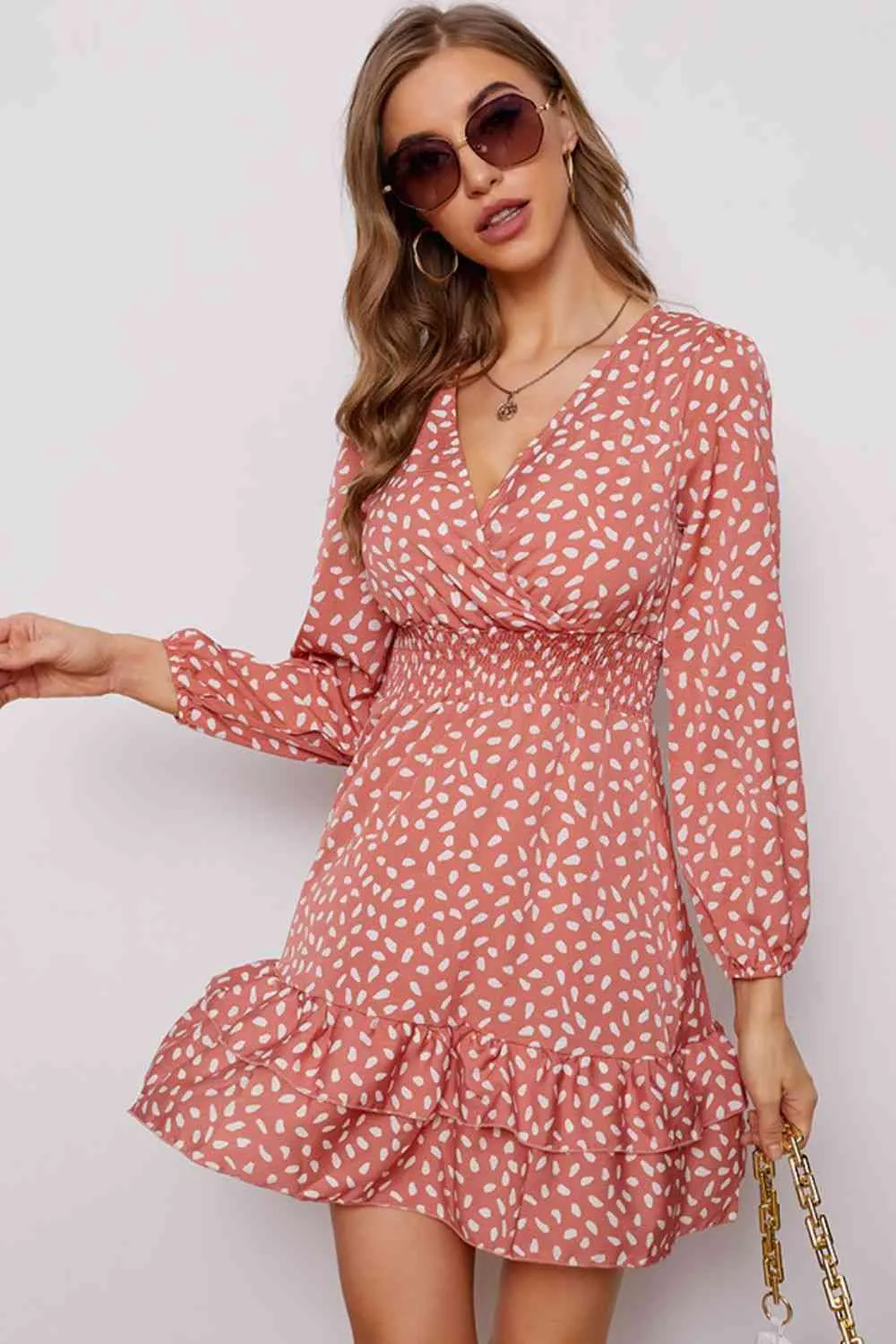 Printed Surplice Neck Puff Sleeve Ruffle Hem Dress (4 Colors)