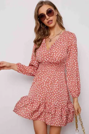 Printed Surplice Neck Puff Sleeve Ruffle Hem Dress (4 Colors)
