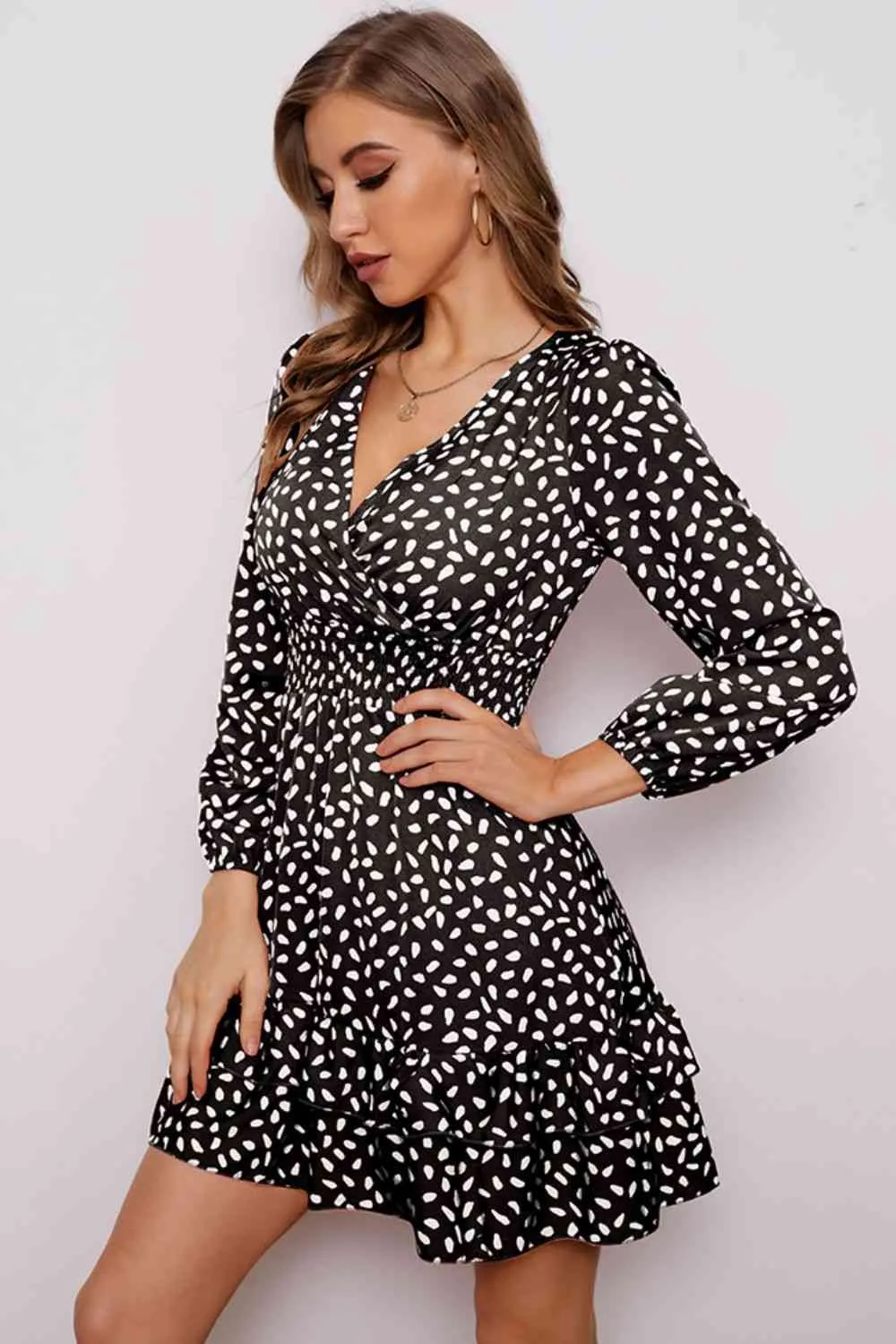Printed Surplice Neck Puff Sleeve Ruffle Hem Dress (4 Colors)