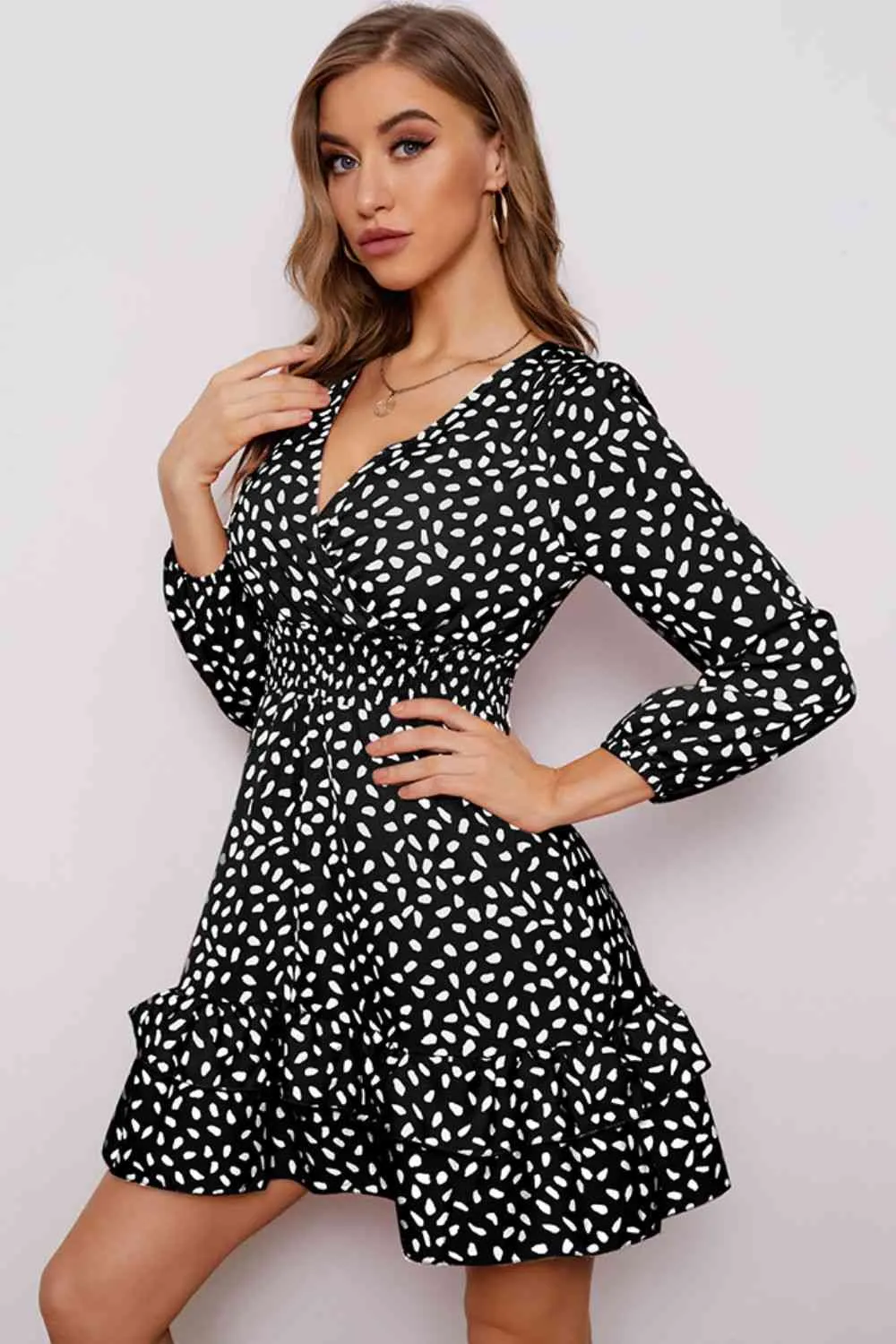 Printed Surplice Neck Puff Sleeve Ruffle Hem Dress (4 Colors)
