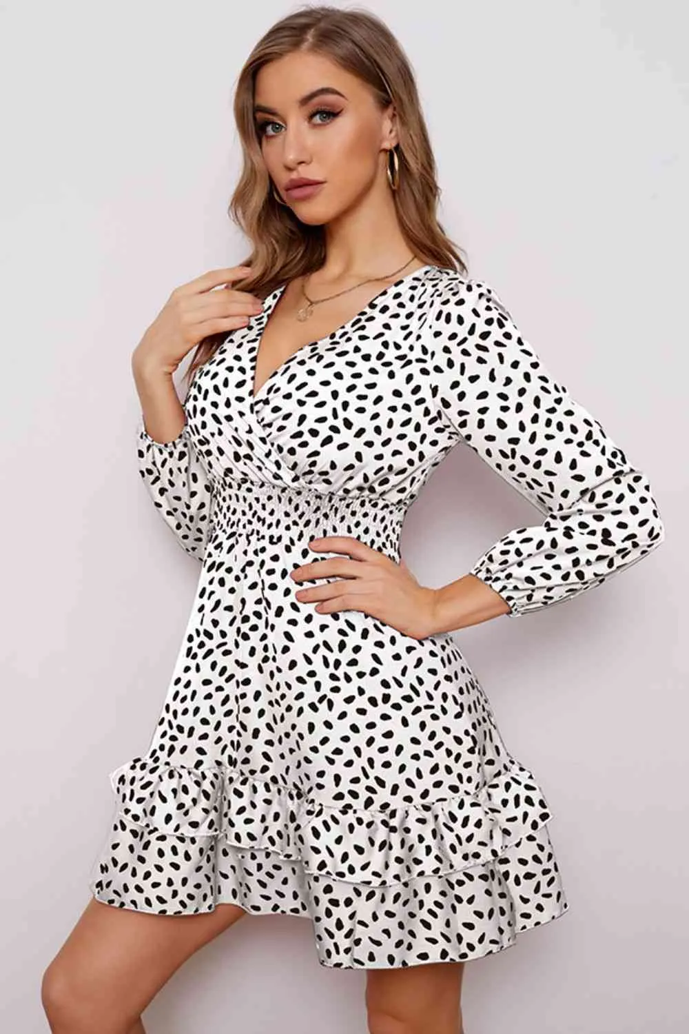 Printed Surplice Neck Puff Sleeve Ruffle Hem Dress (4 Colors)
