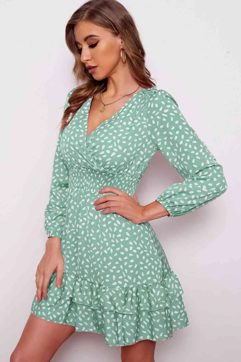 Printed Surplice Neck Puff Sleeve Ruffle Hem Dress (4 Colors)