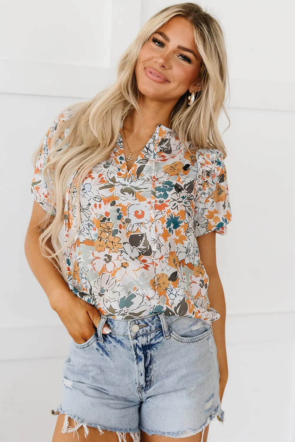 Puff Sleeve Flower Print Blouse