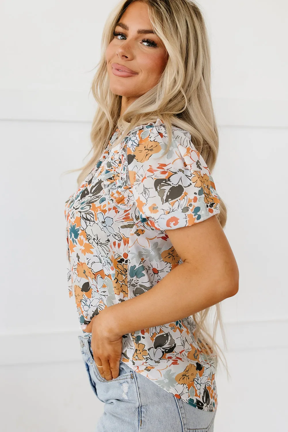 Puff Sleeve Flower Print Blouse