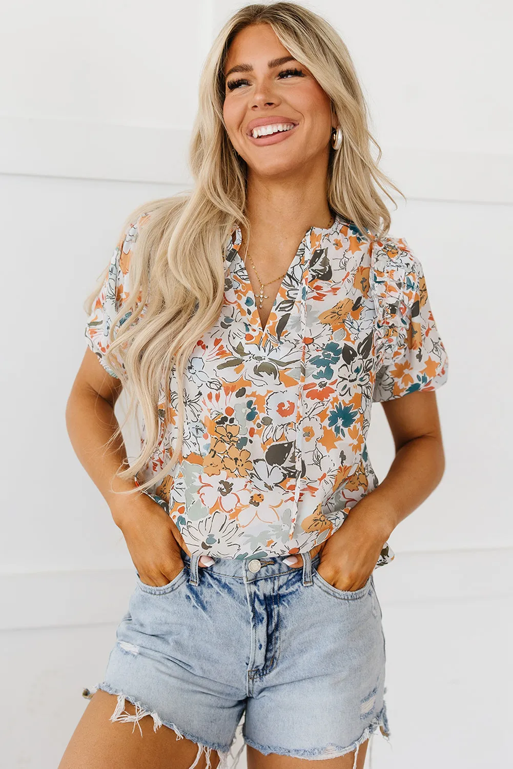 Puff Sleeve Flower Print Blouse
