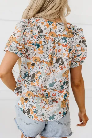 Puff Sleeve Flower Print Blouse