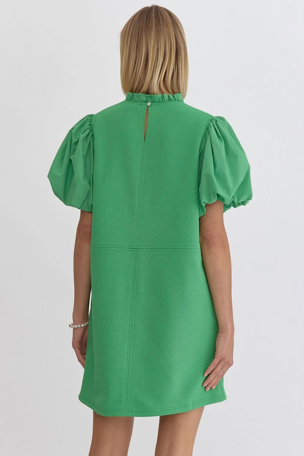 Puff Sleeve Ruffle Neck Dress
