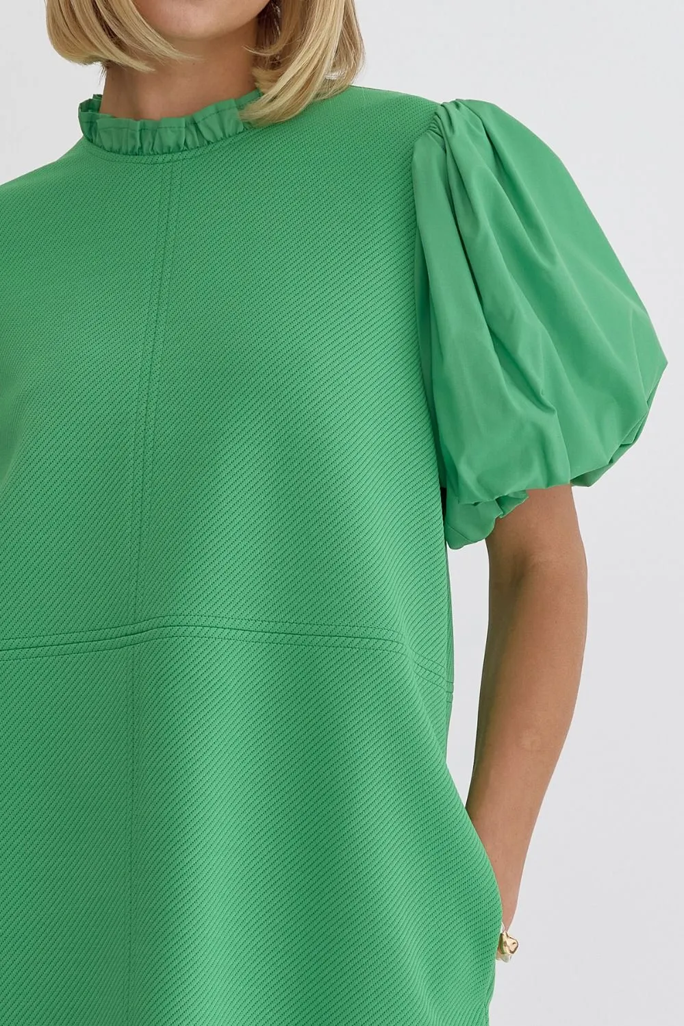 Puff Sleeve Ruffle Neck Dress