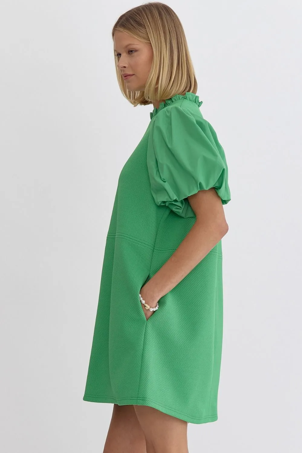 Puff Sleeve Ruffle Neck Dress