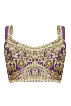 Purple color embroidered blouse in raw silk