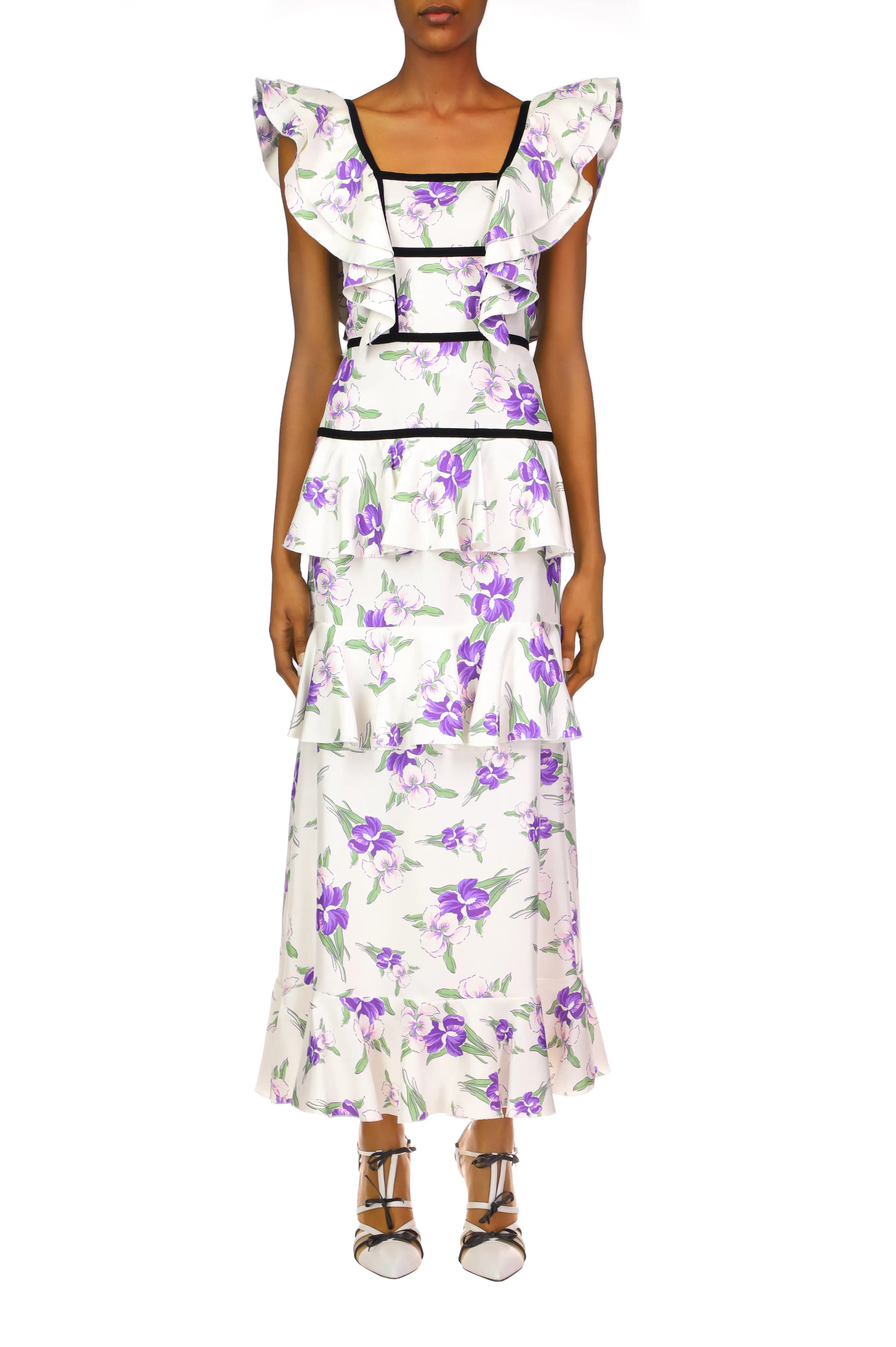 Purple Iris Printed Silk Twill Dress With Velvet Ribbon Detail
