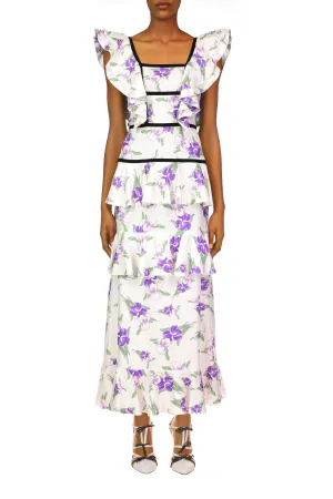 Purple Iris Printed Silk Twill Dress With Velvet Ribbon Detail
