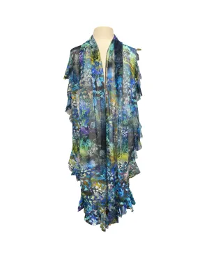 QUELLA Ruffled Printed Mesh Sheer Shawl