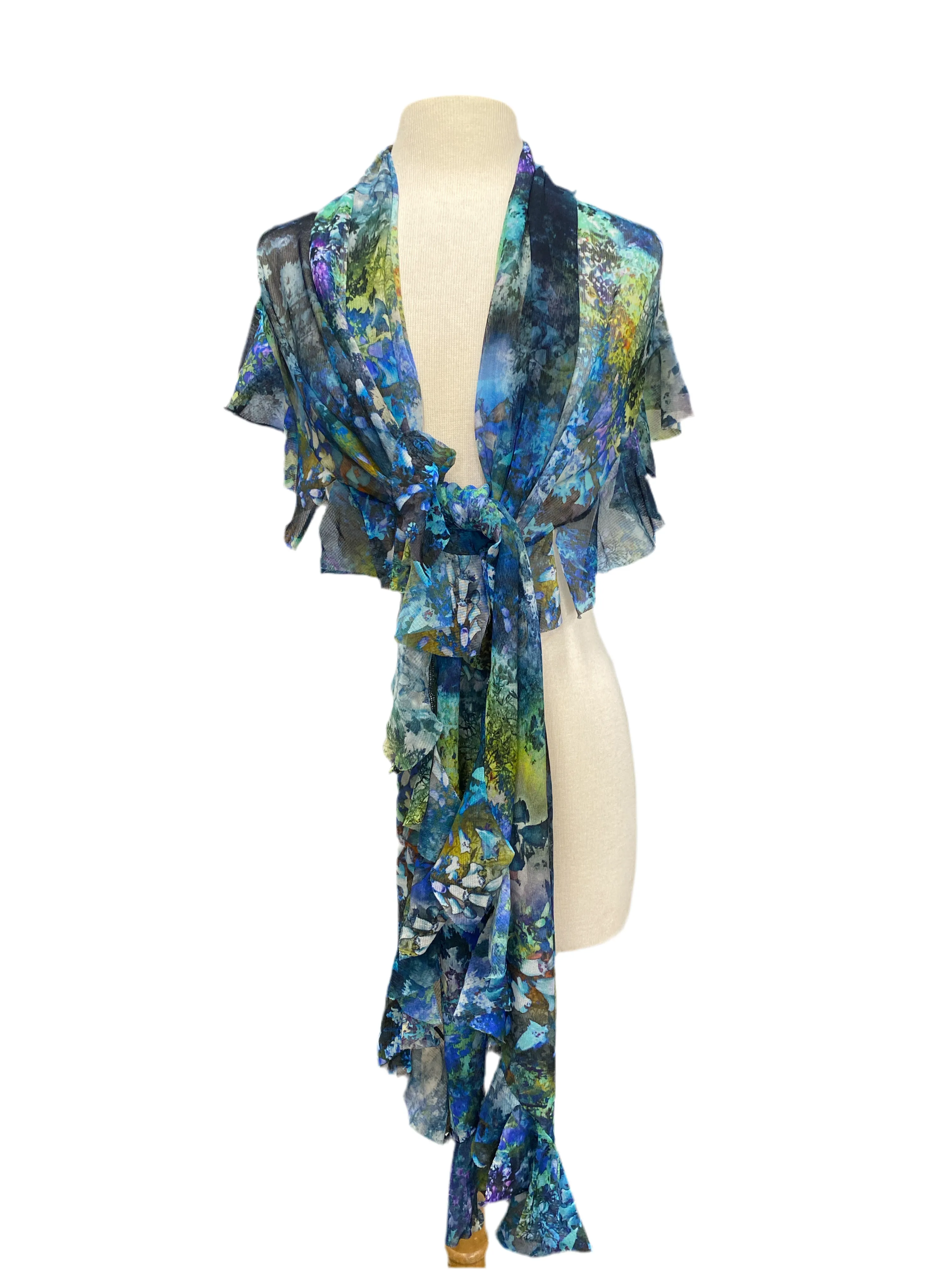 QUELLA Ruffled Printed Mesh Sheer Shawl