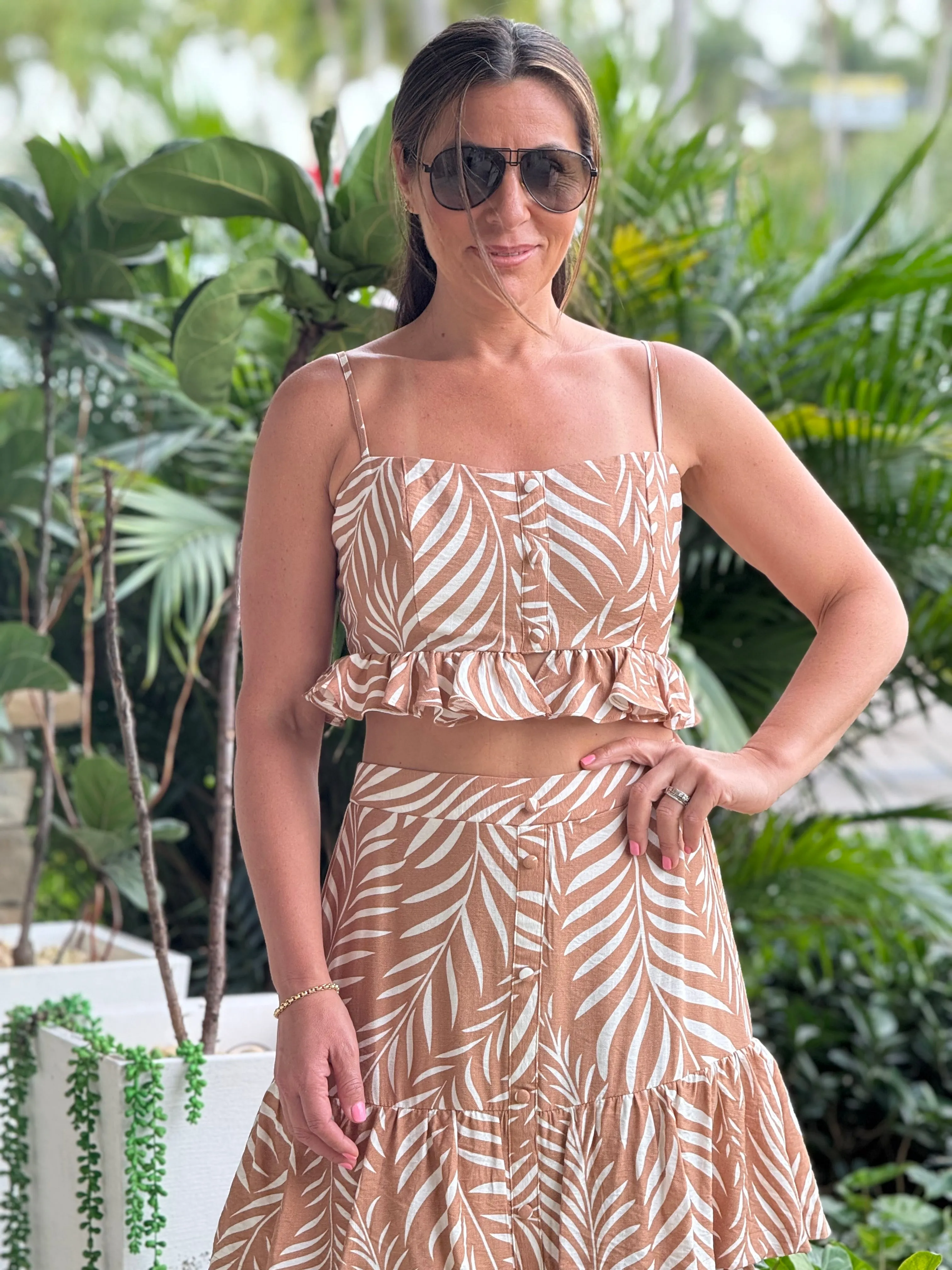 "Lana" Printed Crop Top And Ruffled Maxi Skirt Set