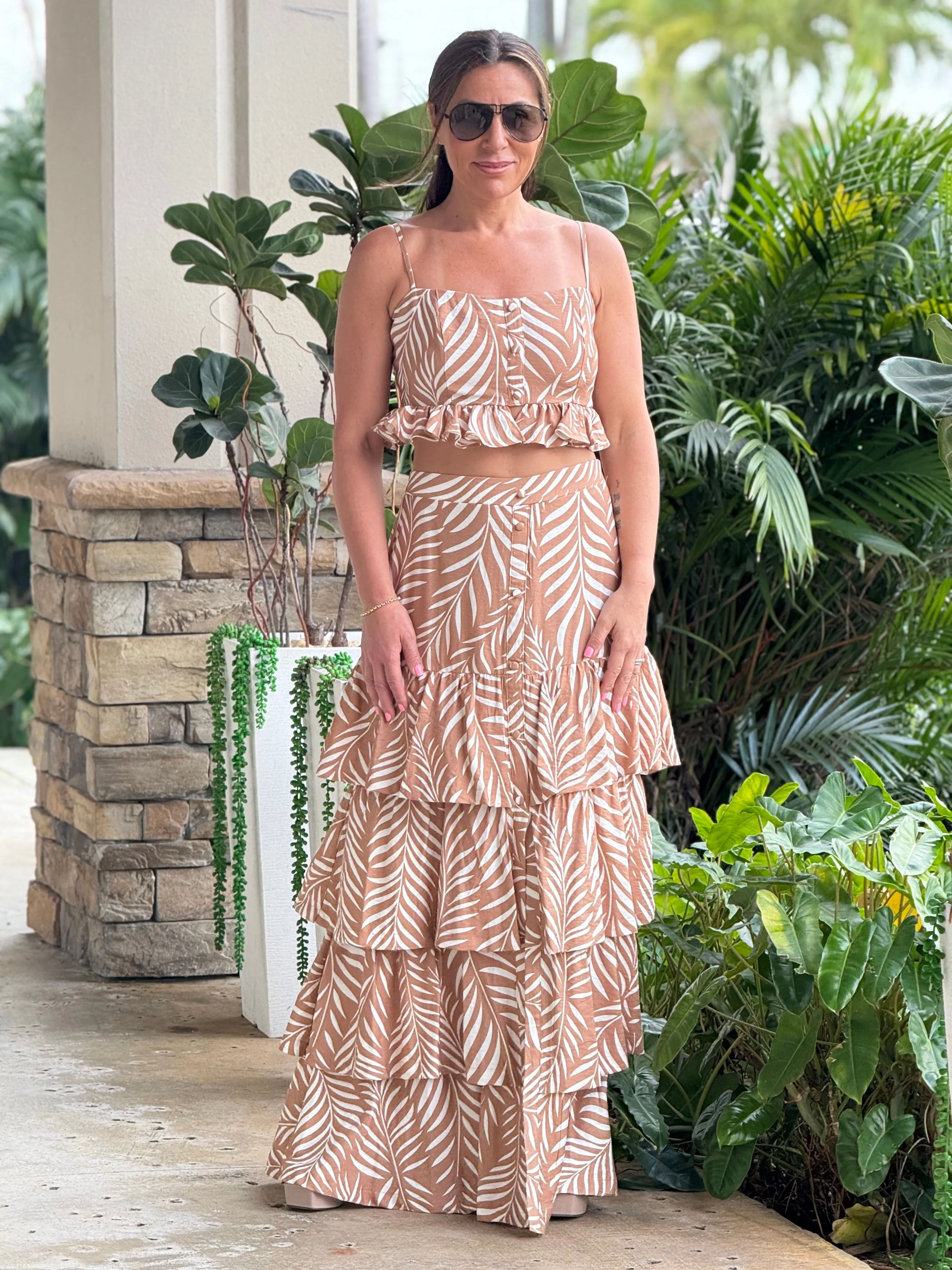 "Lana" Printed Crop Top And Ruffled Maxi Skirt Set