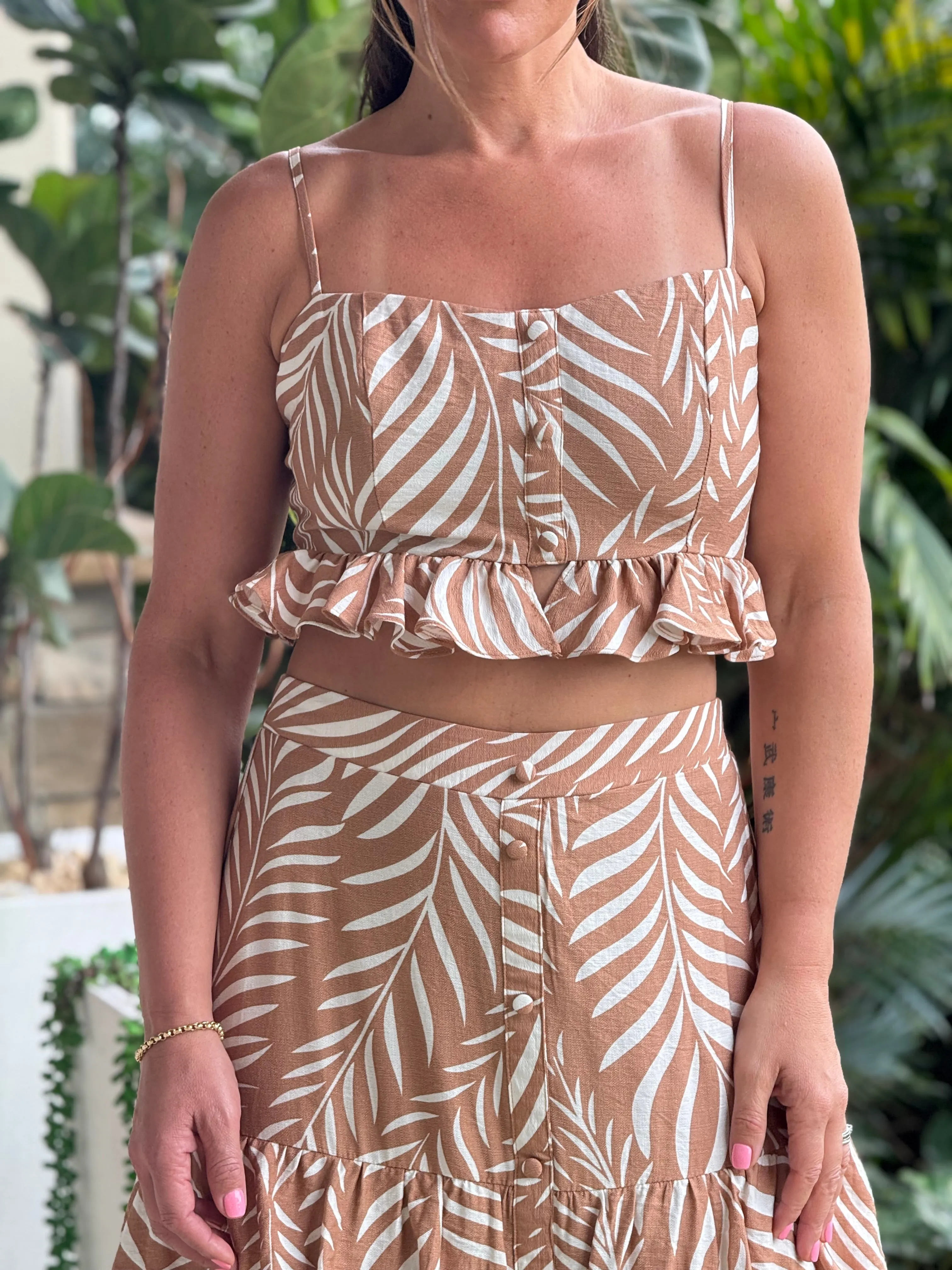 "Lana" Printed Crop Top And Ruffled Maxi Skirt Set