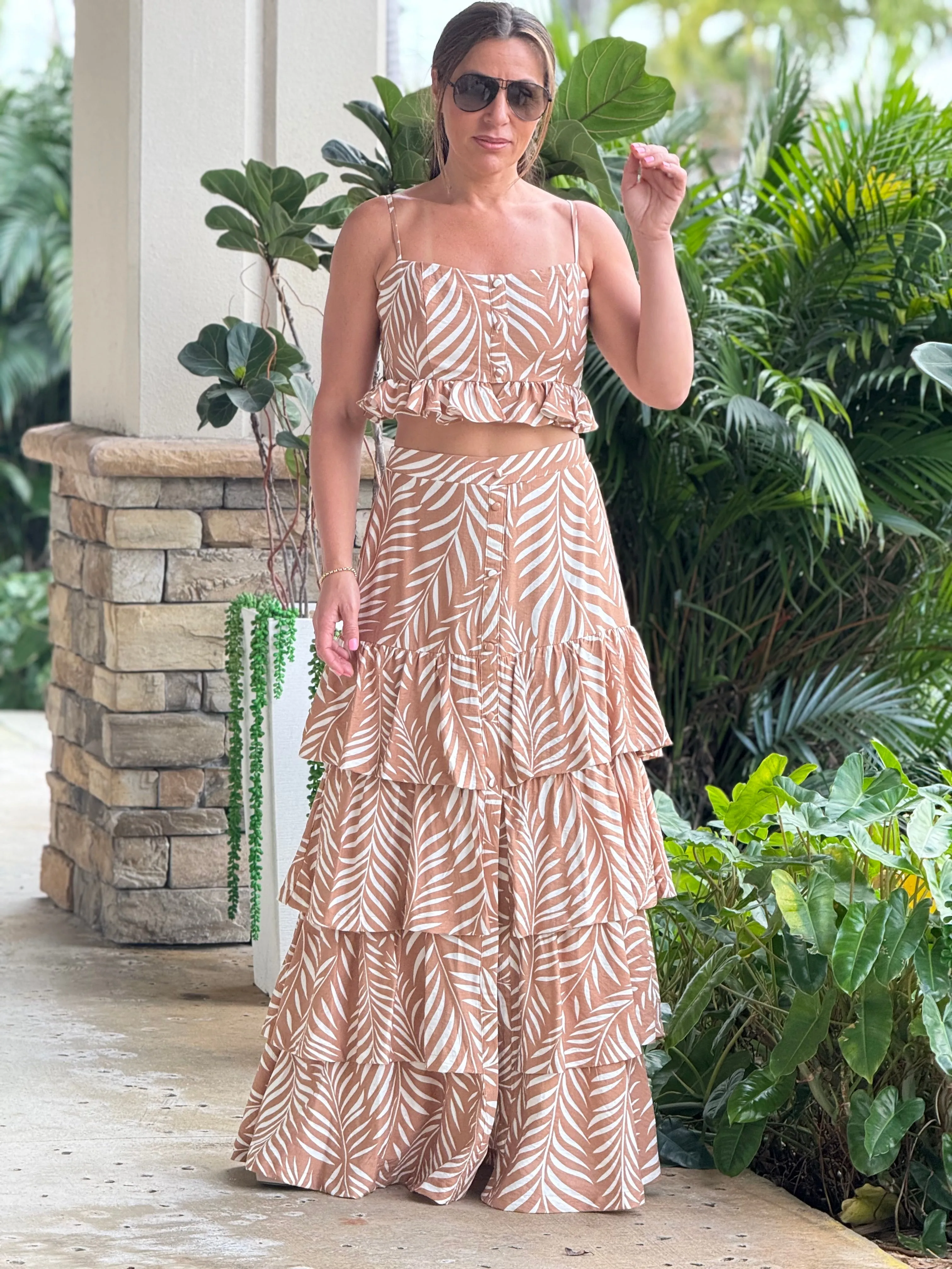 "Lana" Printed Crop Top And Ruffled Maxi Skirt Set
