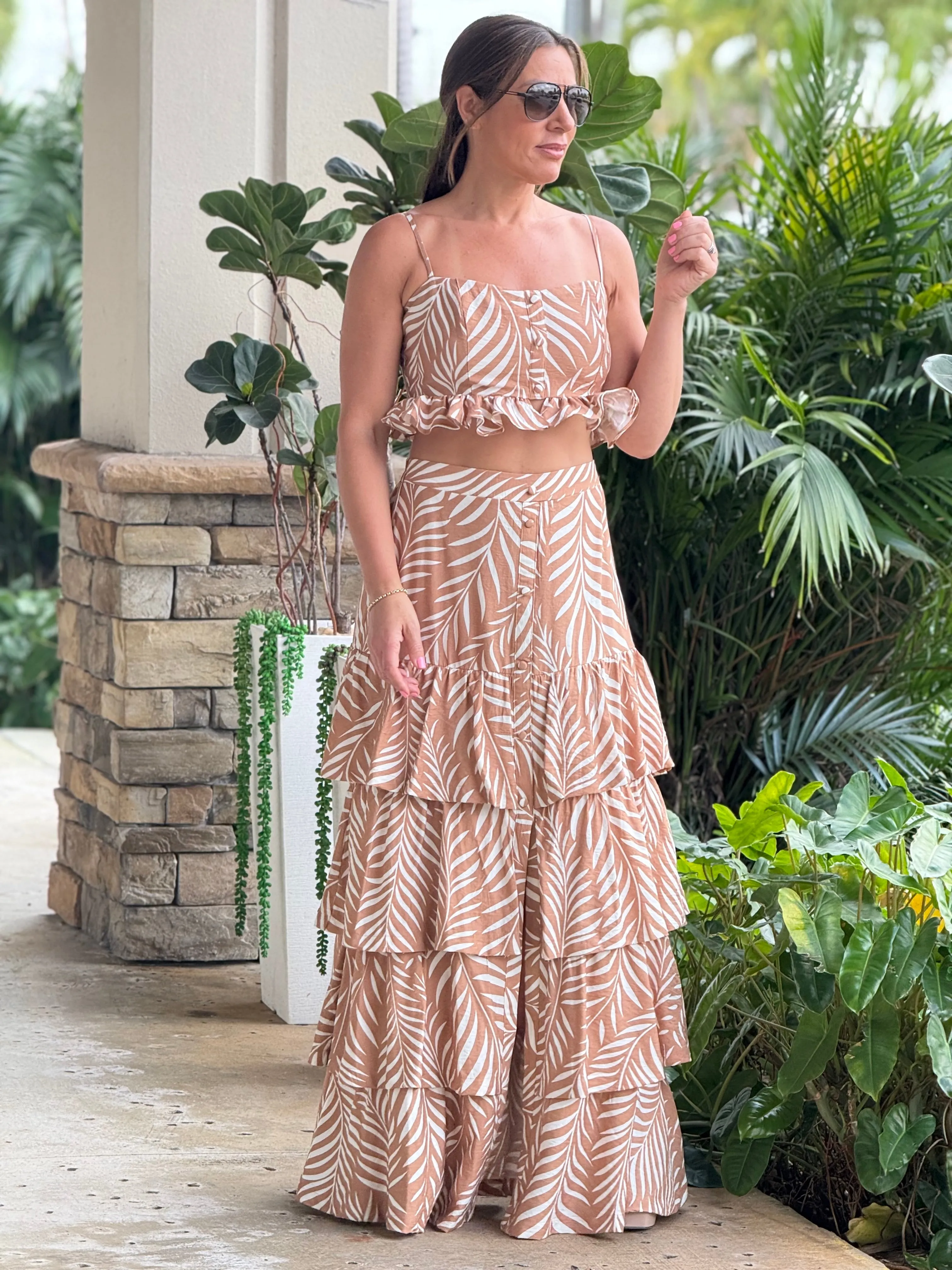 "Lana" Printed Crop Top And Ruffled Maxi Skirt Set