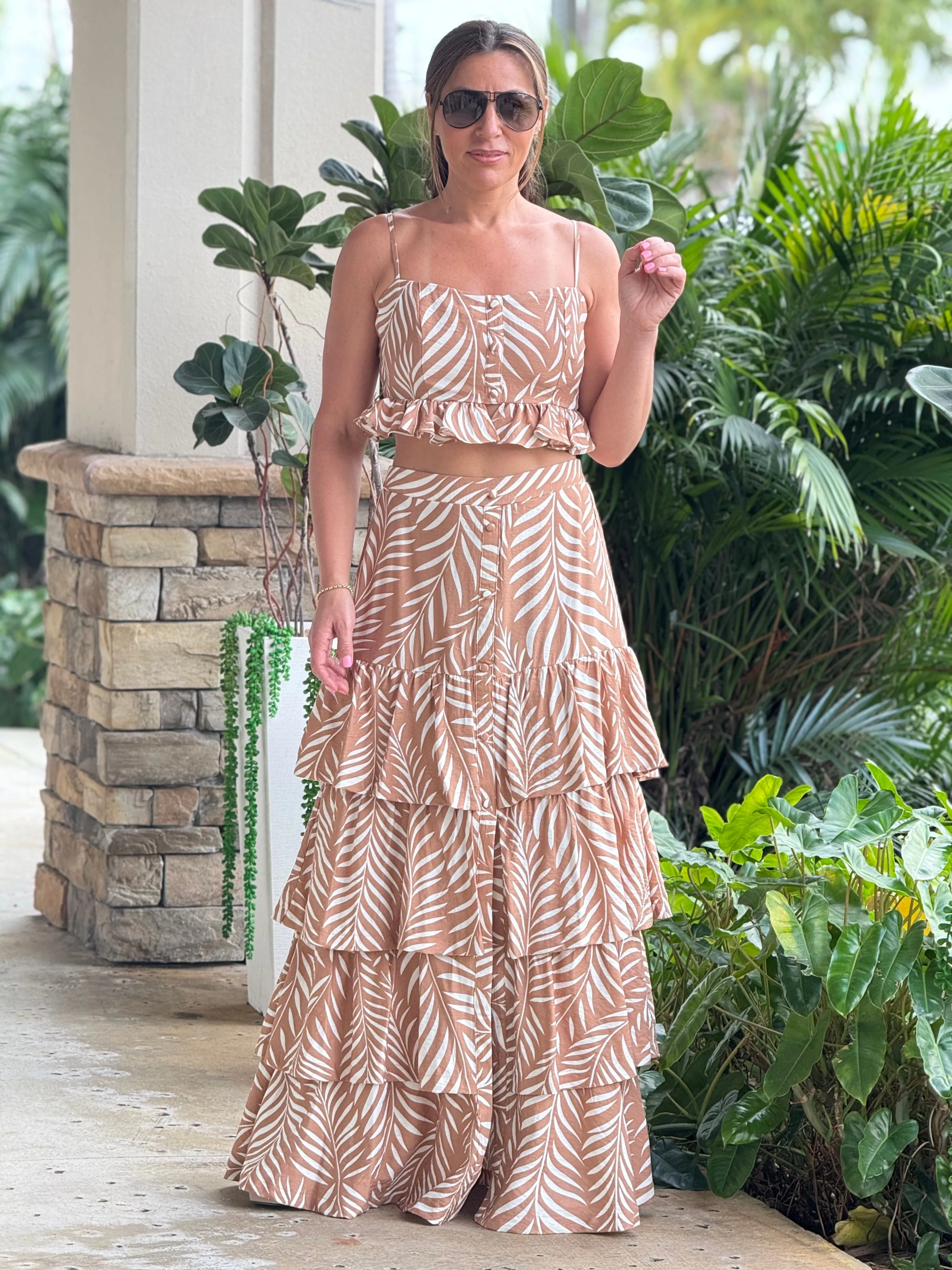 "Lana" Printed Crop Top And Ruffled Maxi Skirt Set