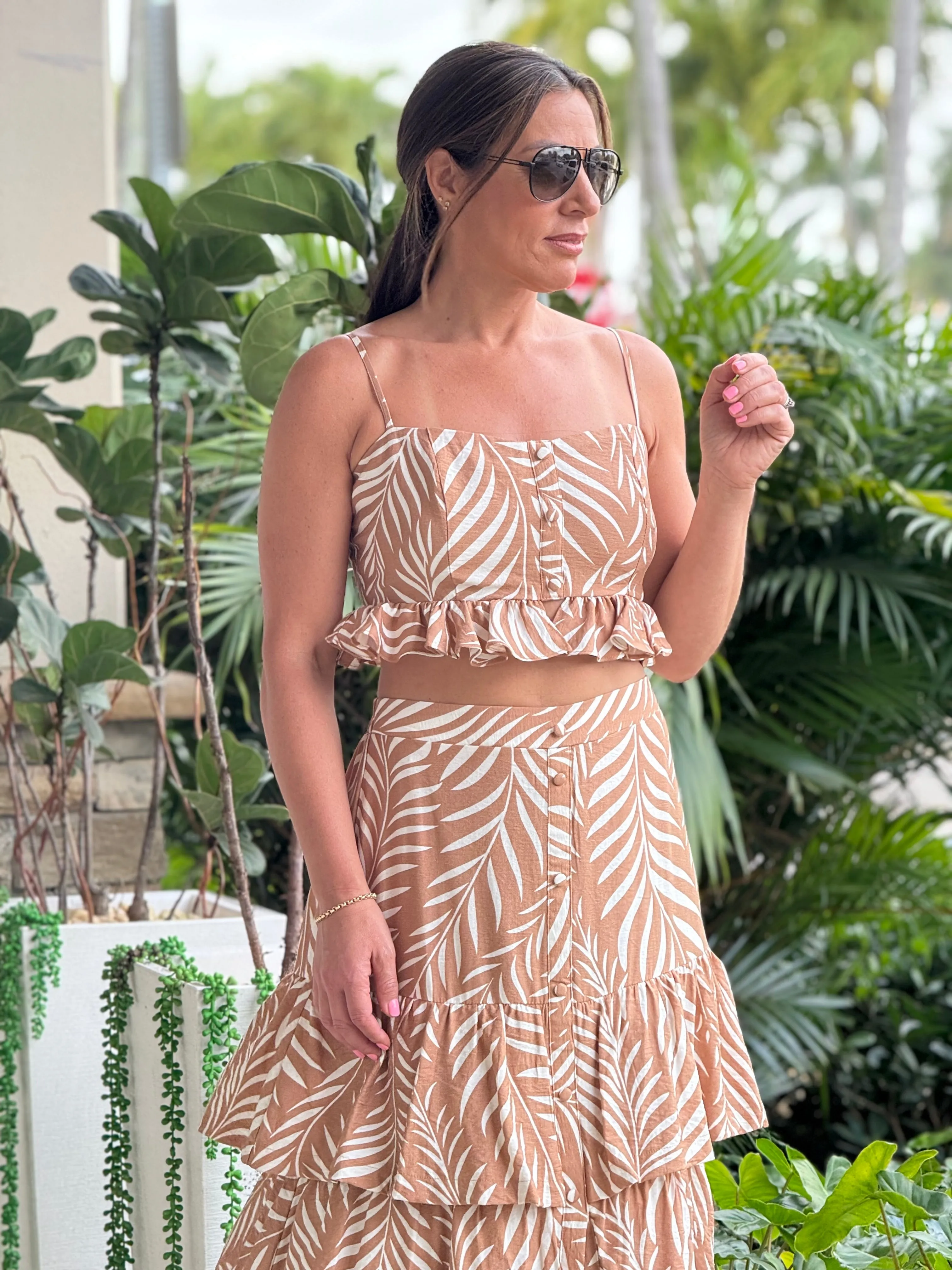 "Lana" Printed Crop Top And Ruffled Maxi Skirt Set