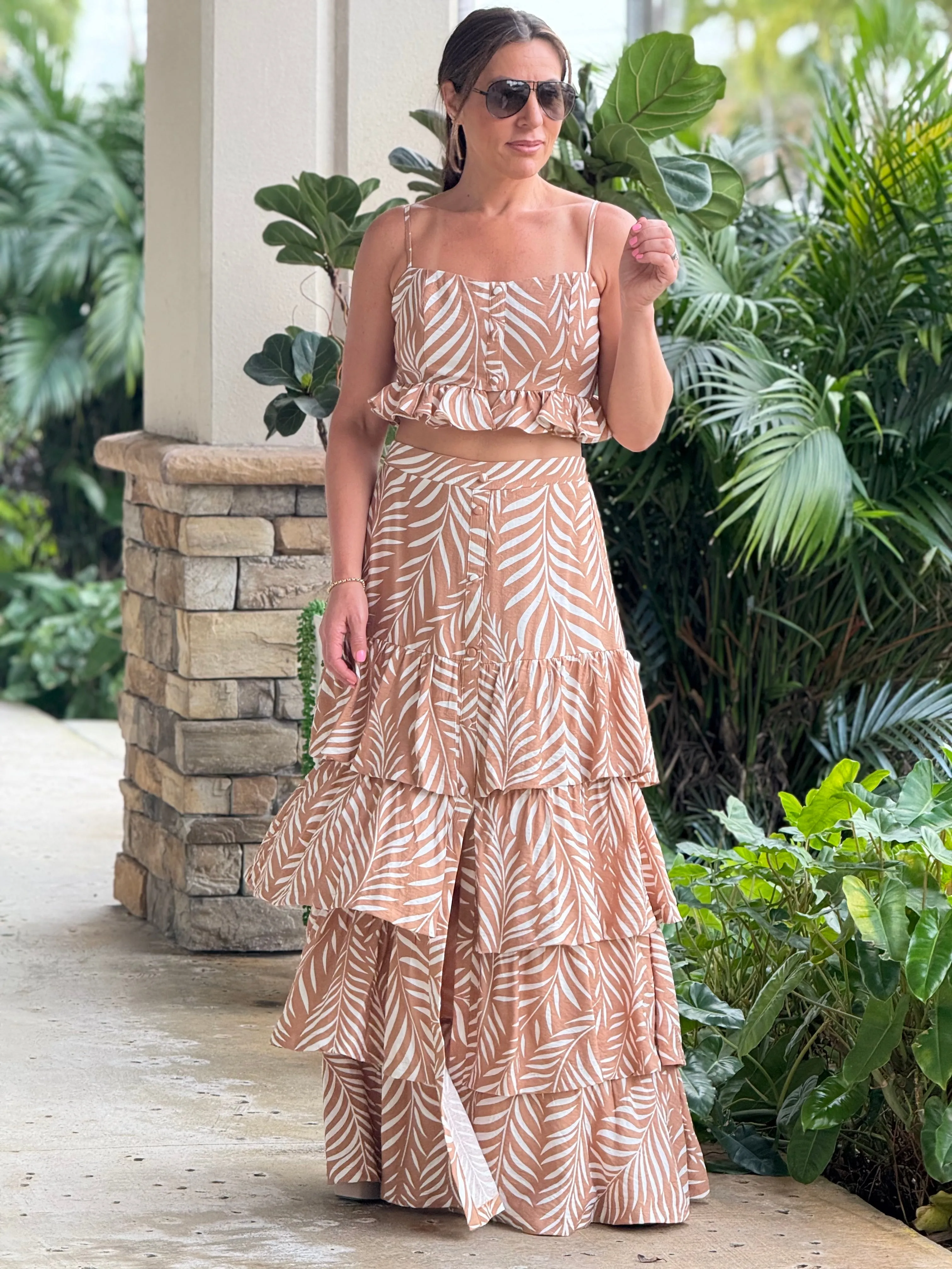 "Lana" Printed Crop Top And Ruffled Maxi Skirt Set