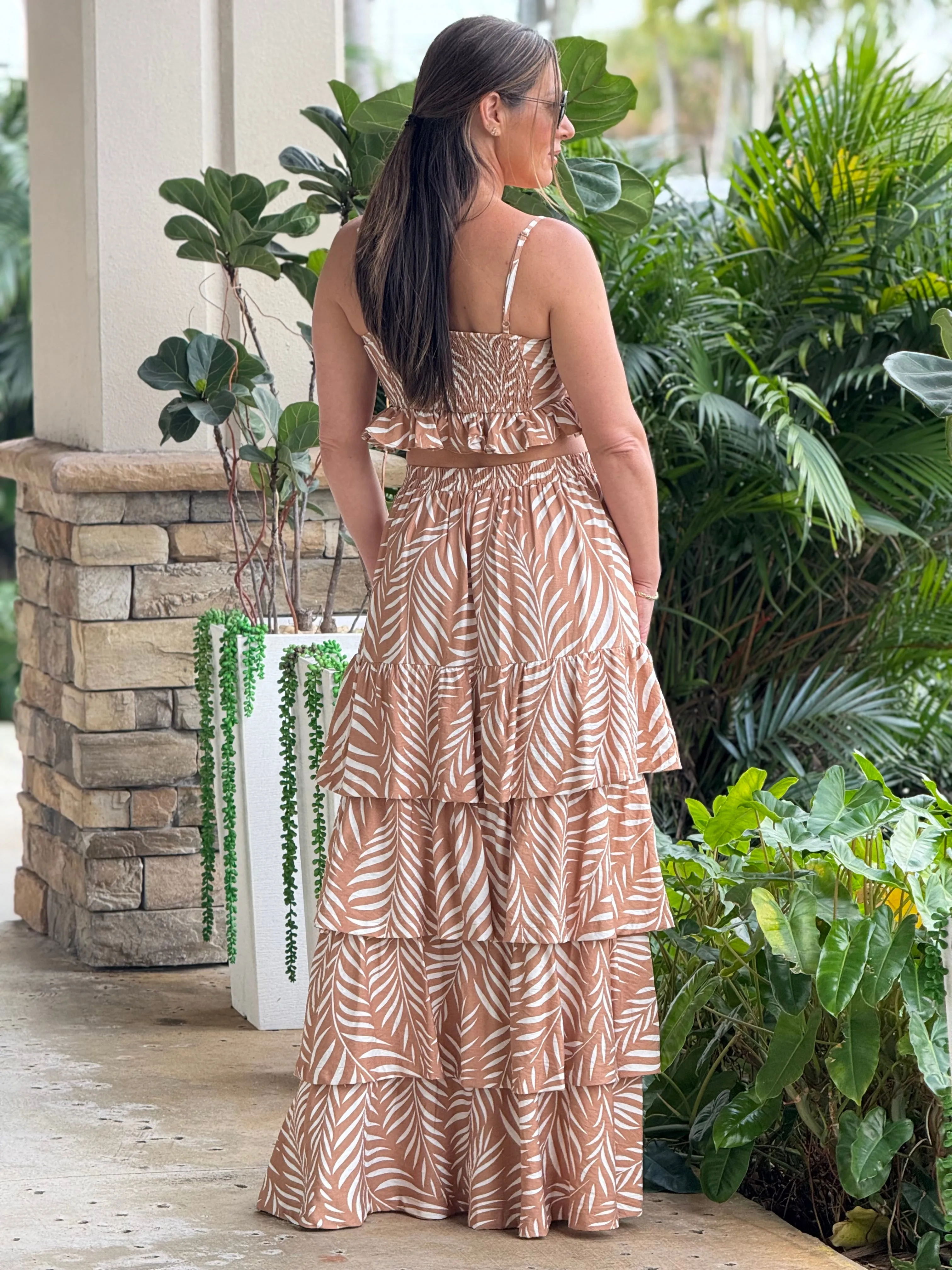 "Lana" Printed Crop Top And Ruffled Maxi Skirt Set