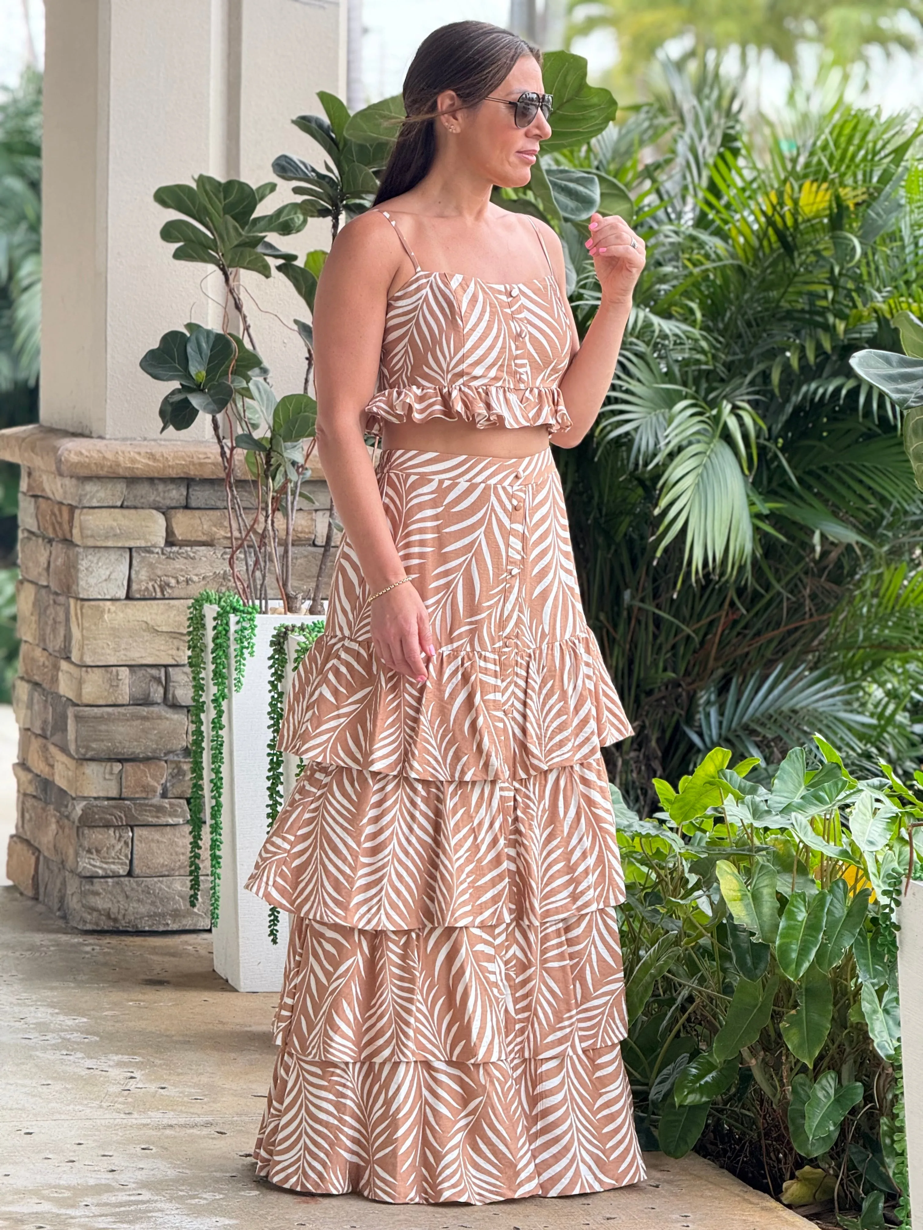 "Lana" Printed Crop Top And Ruffled Maxi Skirt Set