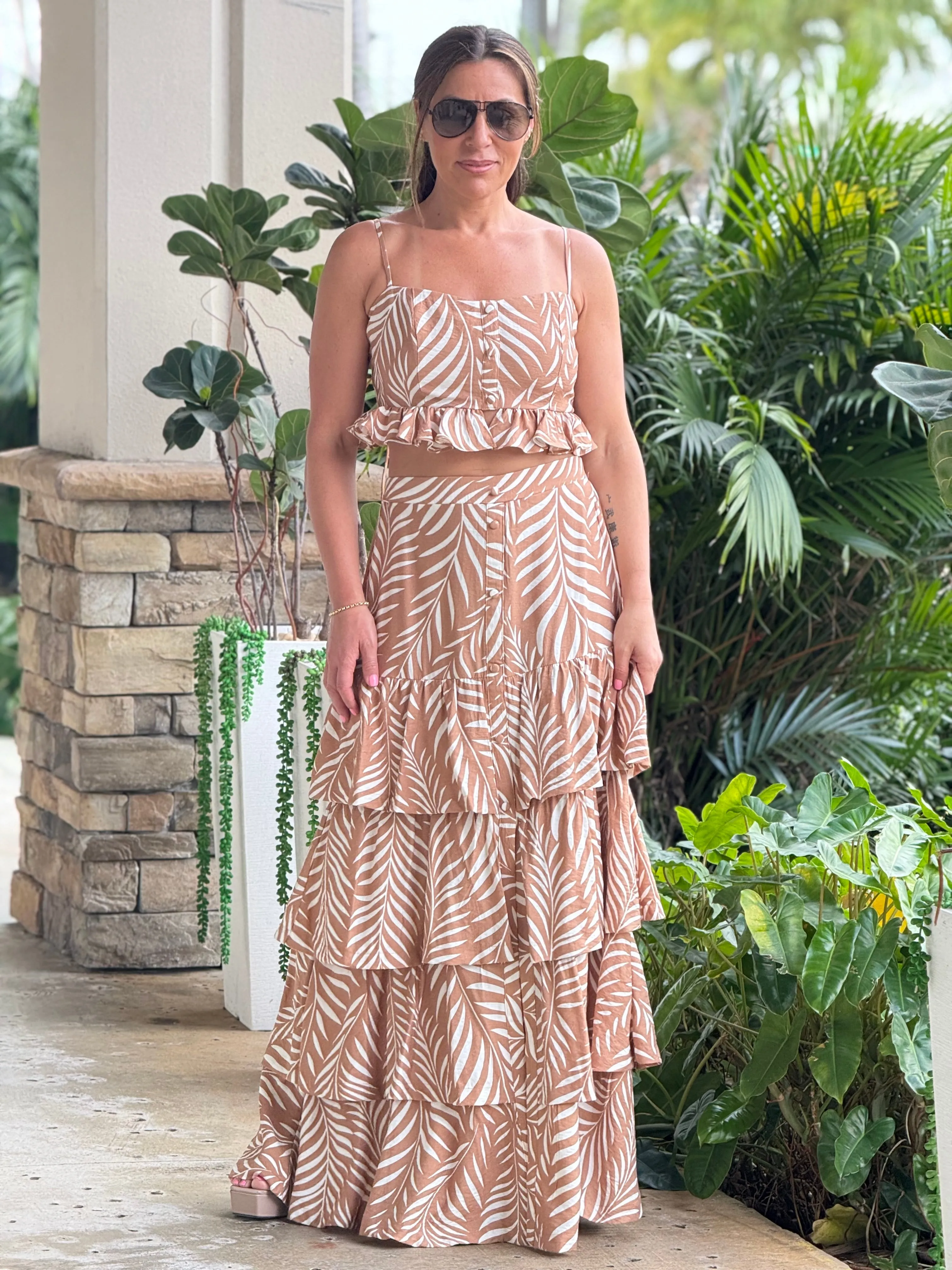 "Lana" Printed Crop Top And Ruffled Maxi Skirt Set