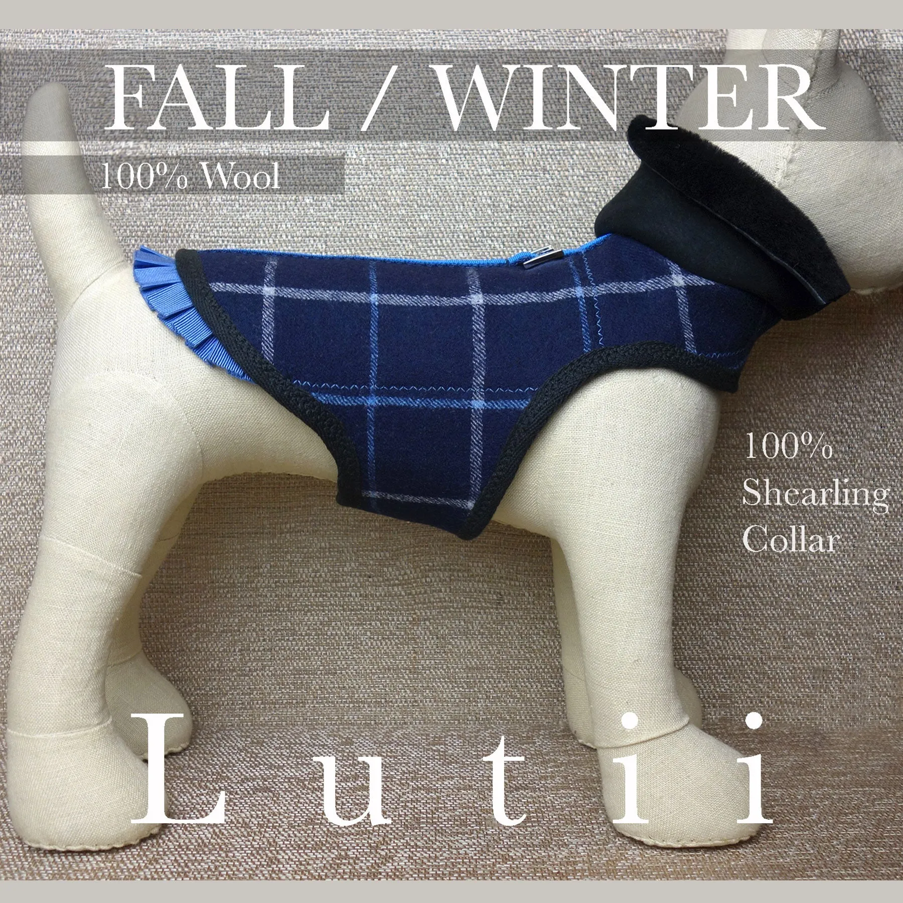 "Navy Grid"-All 100% wool w/real shearling handmade winter dog coat