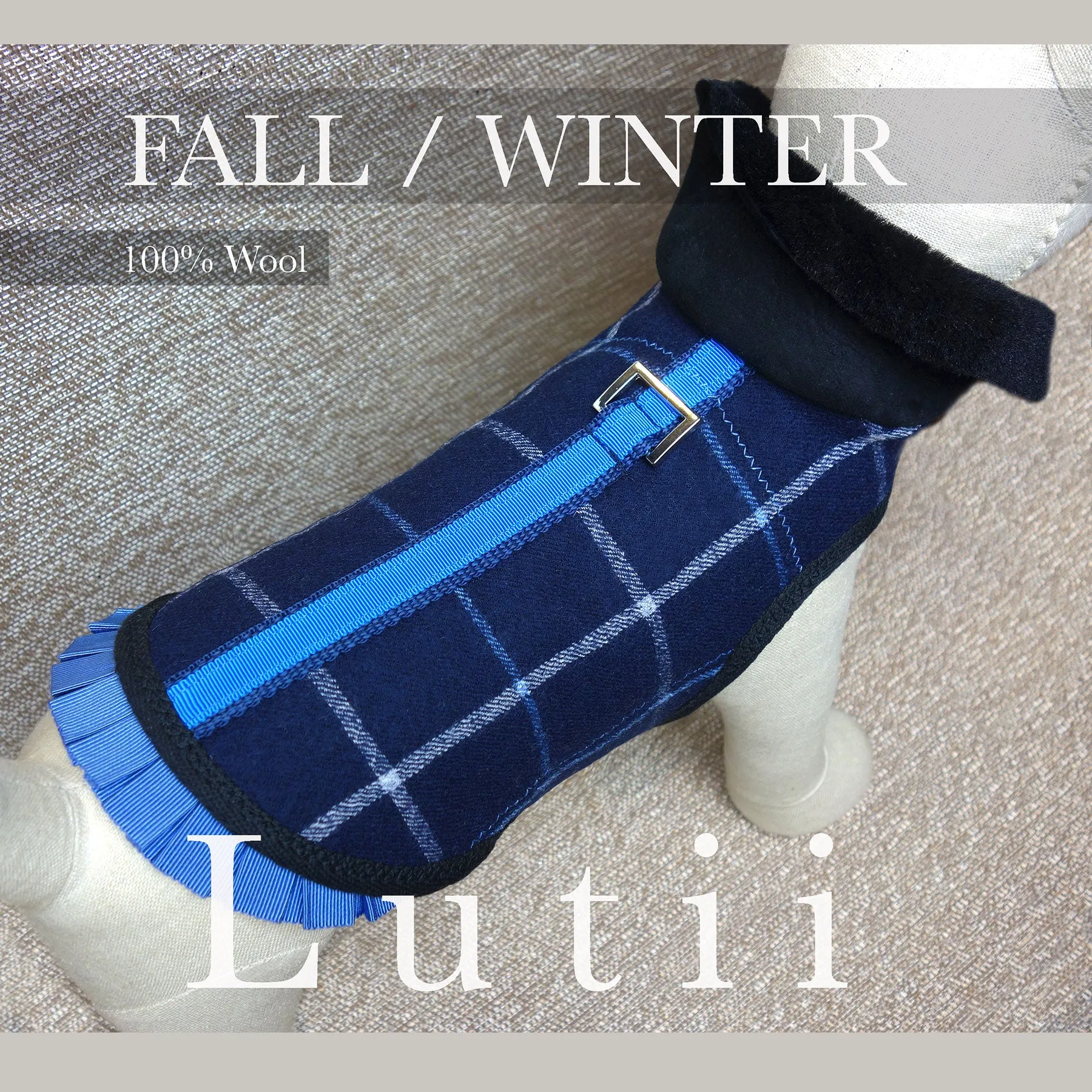 "Navy Grid"-All 100% wool w/real shearling handmade winter dog coat
