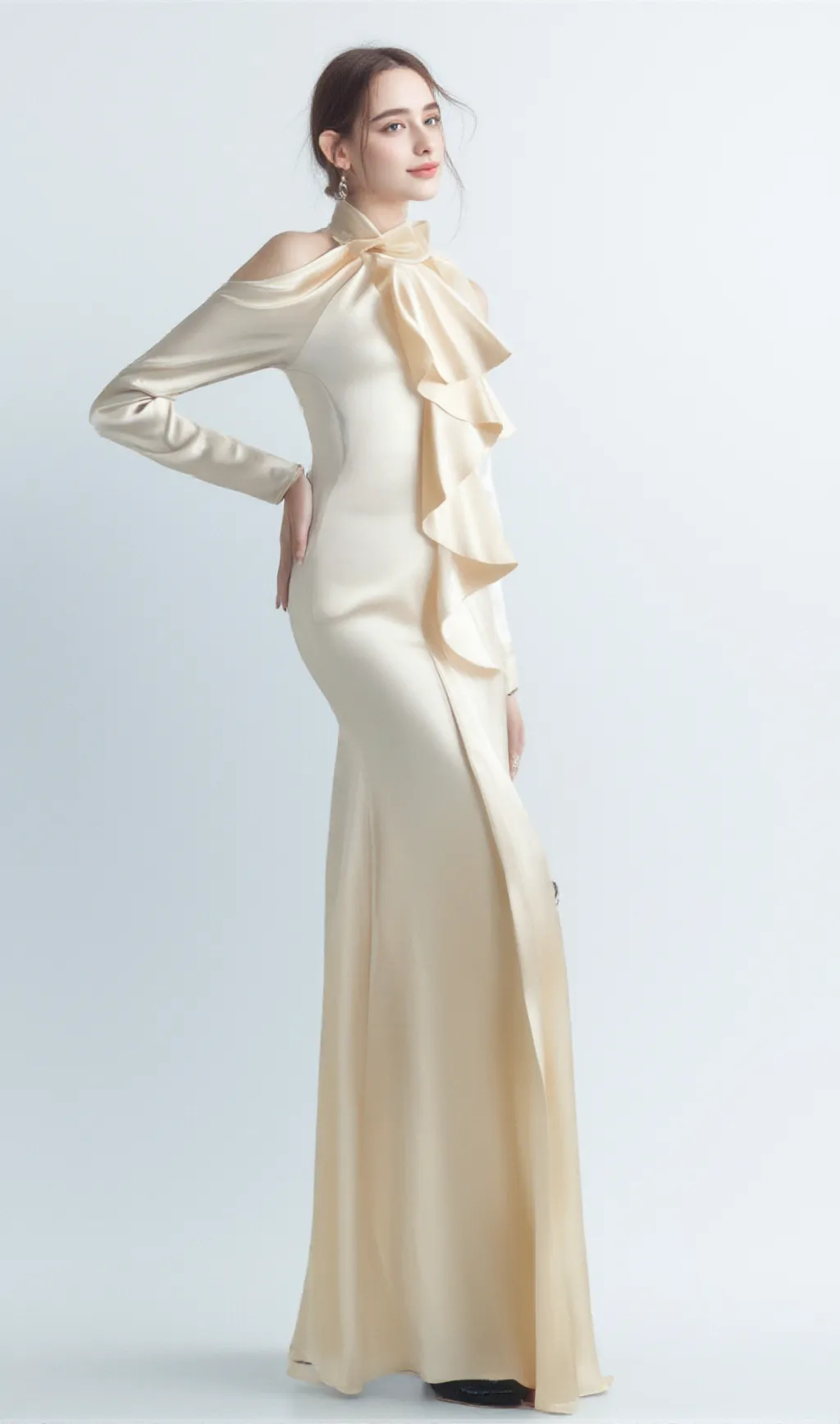 RAE CHAMPAGNE ONE-SHOULDER RUFFLE EMBELLISHED MAXI DRESS