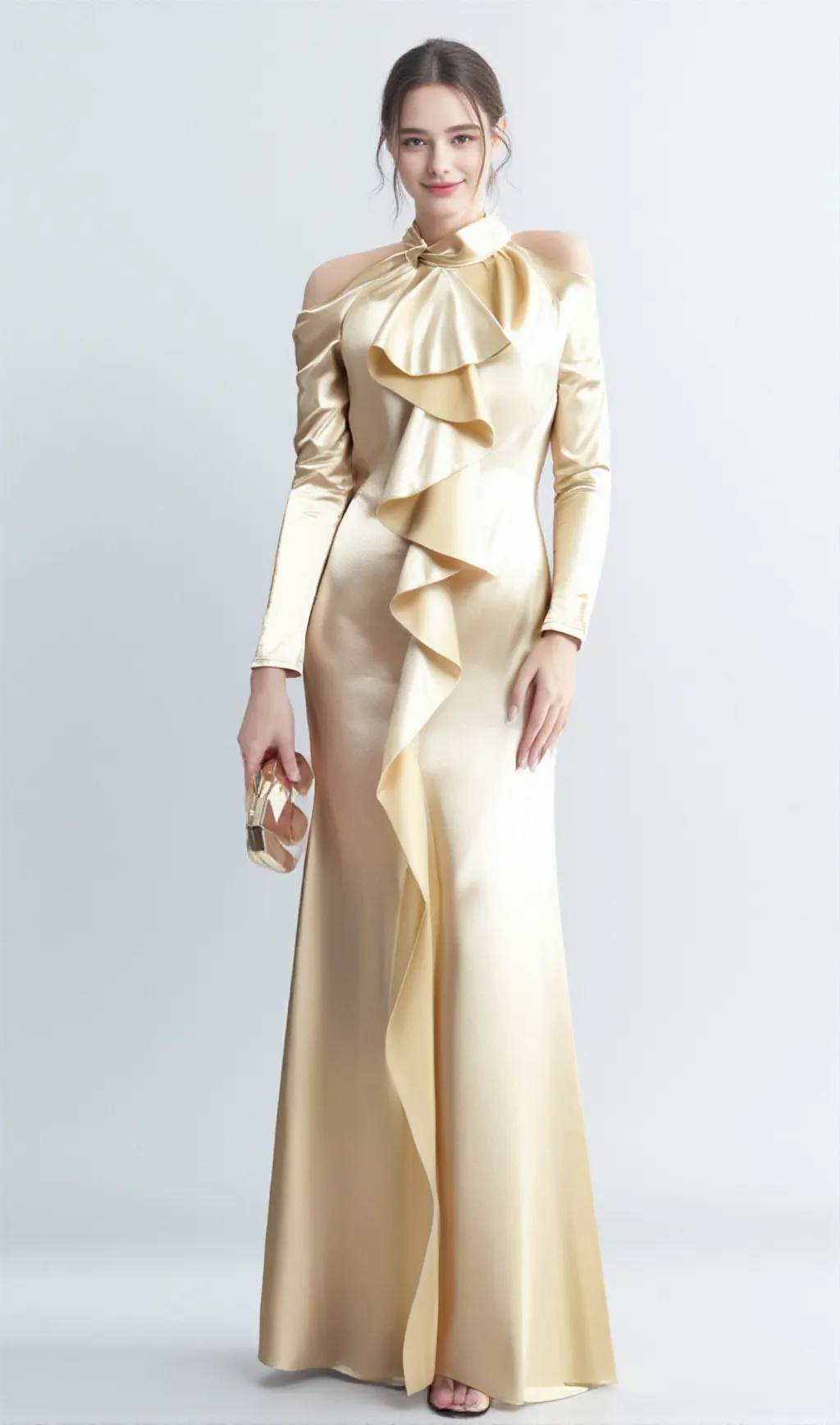 RAE CHAMPAGNE ONE-SHOULDER RUFFLE EMBELLISHED MAXI DRESS