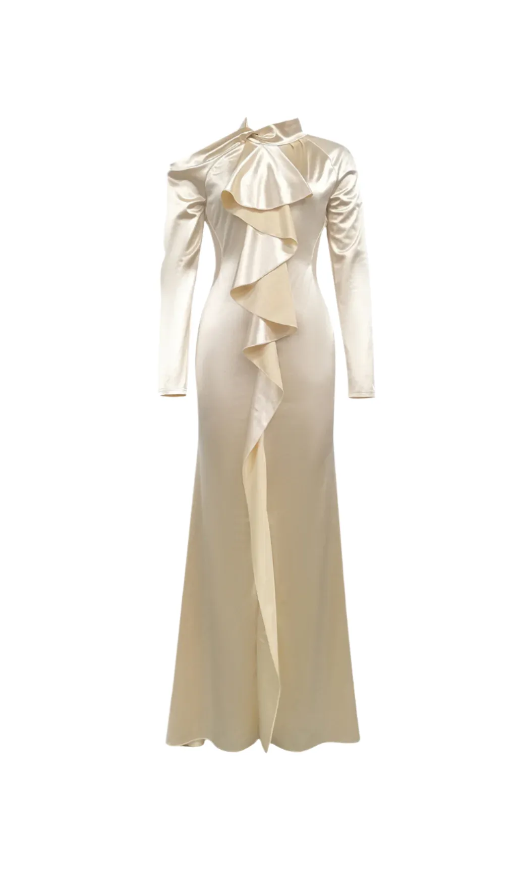 RAE CHAMPAGNE ONE-SHOULDER RUFFLE EMBELLISHED MAXI DRESS