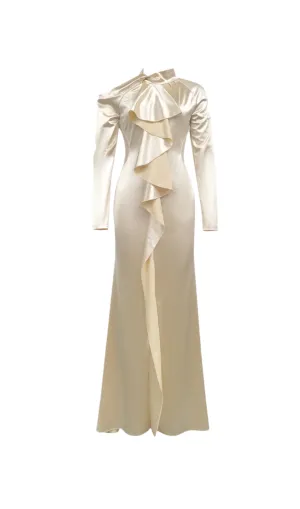 RAE CHAMPAGNE ONE-SHOULDER RUFFLE EMBELLISHED MAXI DRESS