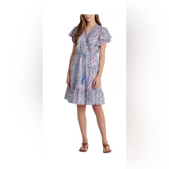 Ralph Lauren surplice neckline cotton paisley print a-line dress